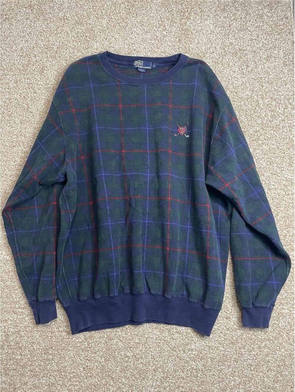 Rare VTG POLO RALPH LAUREN Spell Out Golf Shield Plaid Sweatshirt 90s Green XL